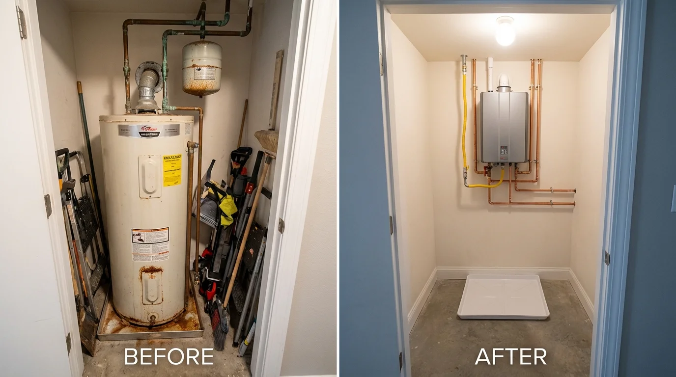 Tank water heater versus wall-mounted tankless unit comparison for Crockett, CA homeowners