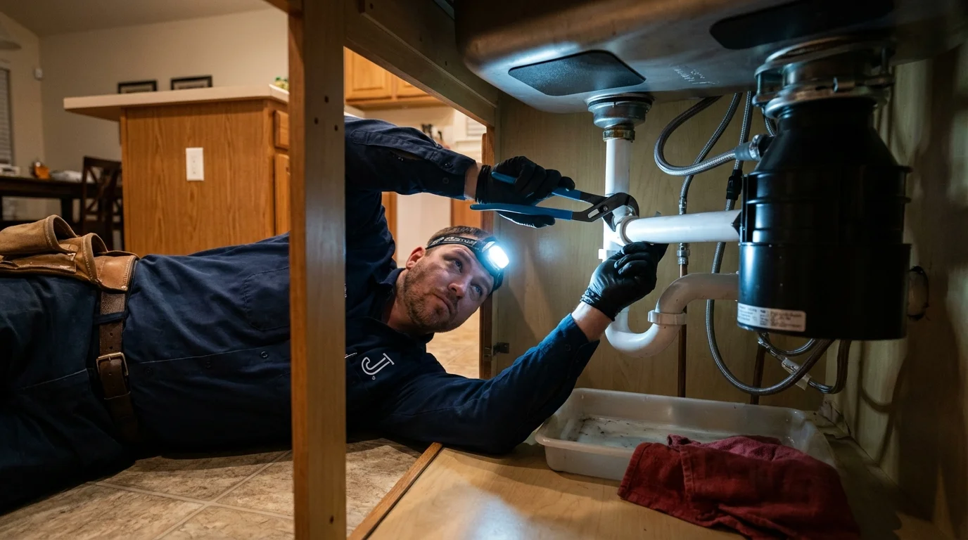 P-trap and supply line connections under a kitchen sink showing a common leak point in Crockett, CA